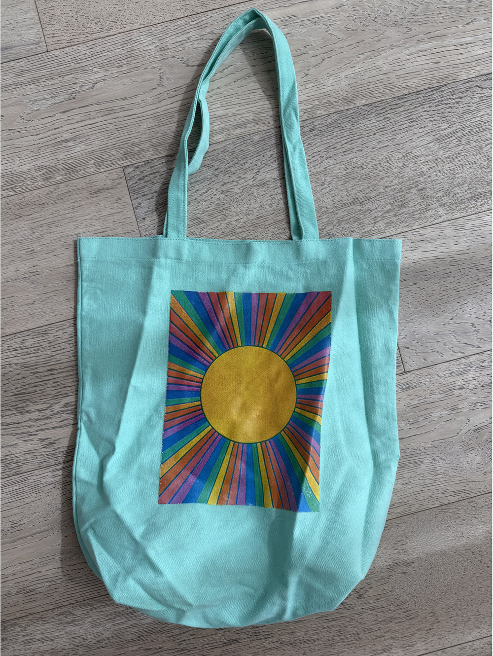 Mint Green Canvas Tote Bag Colorful Sunburst Sun Design
